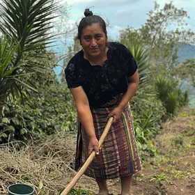 María Izaguirre holding a hoe beside young plants.